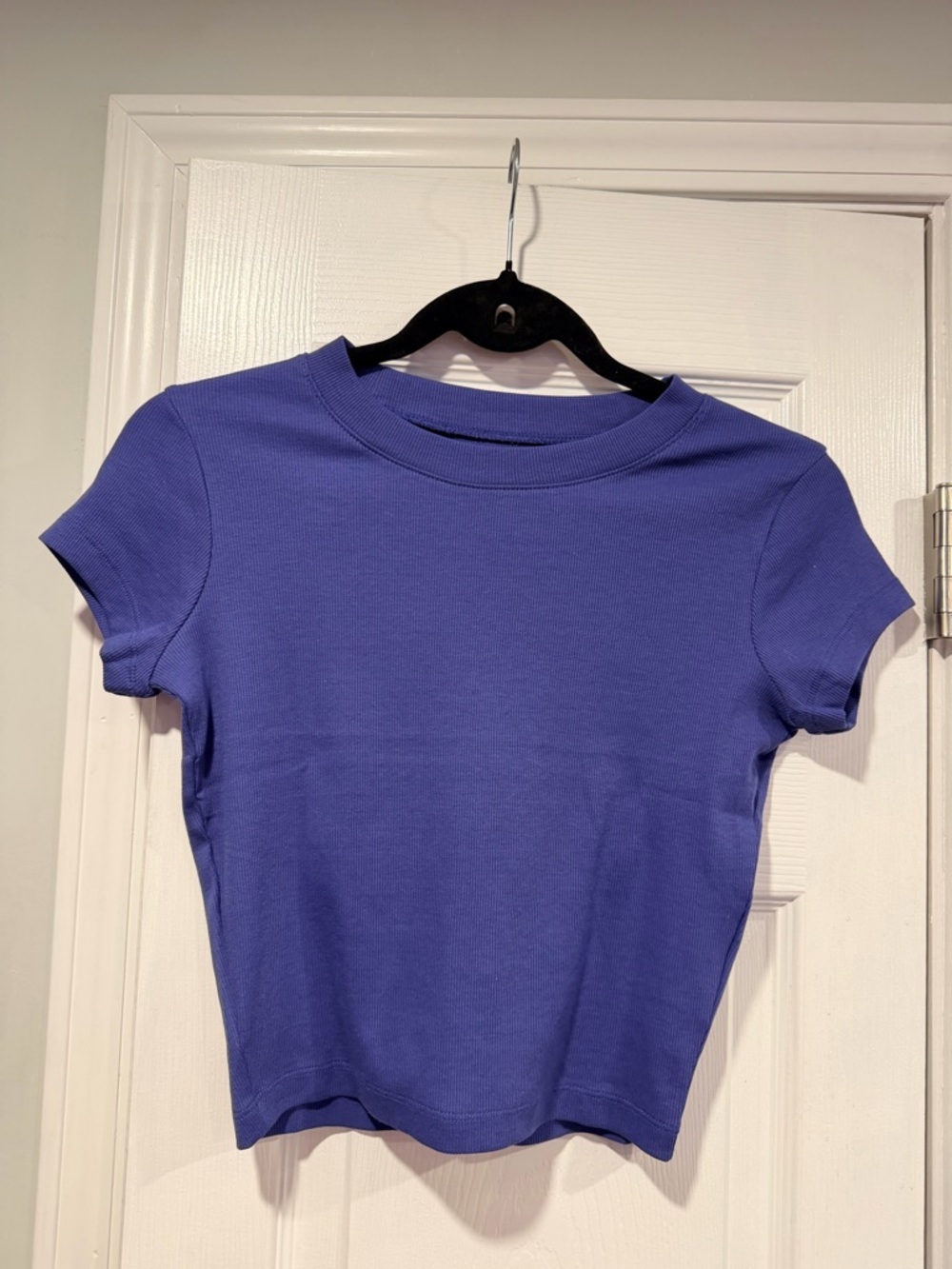 NWOT Madewell Size XS Blue Crew Neck Short Sleeve Ribbed Stretch Cropped Top